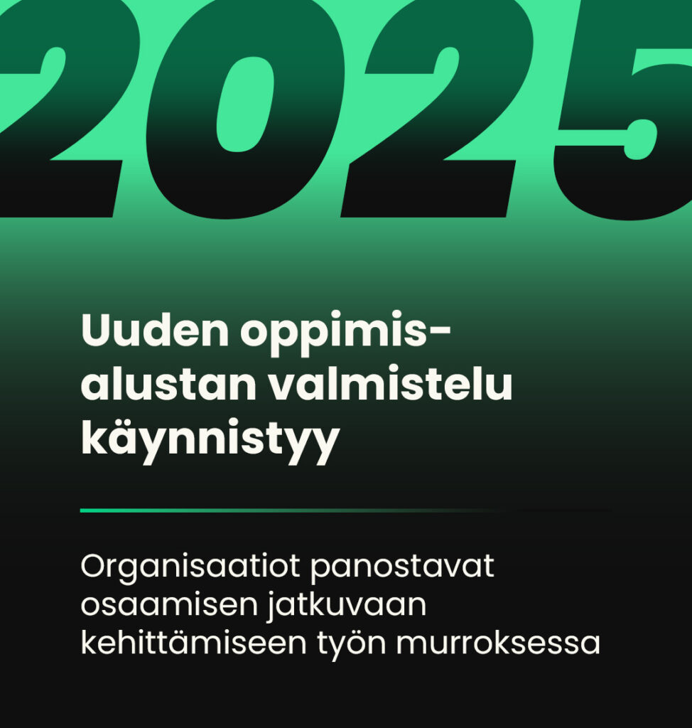 Vihreäsävyinen grafiikka, jossa suuri vuosiluku 2025. Teksti kertoo uuden oppimisalustan valmistelun käynnistymisestä ja organisaatioiden panostuksista jatkuvaan osaamisen kehittämiseen.
